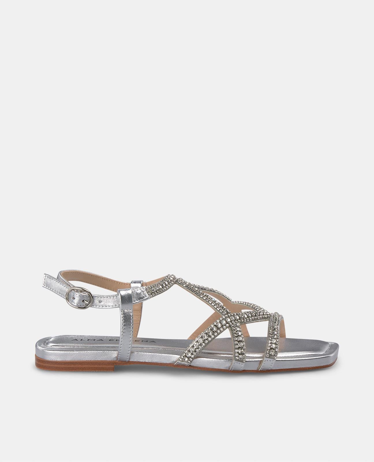 alma-en-pena-kreuz-sandalette-silber-mit-strass-flach-1-cm image 1