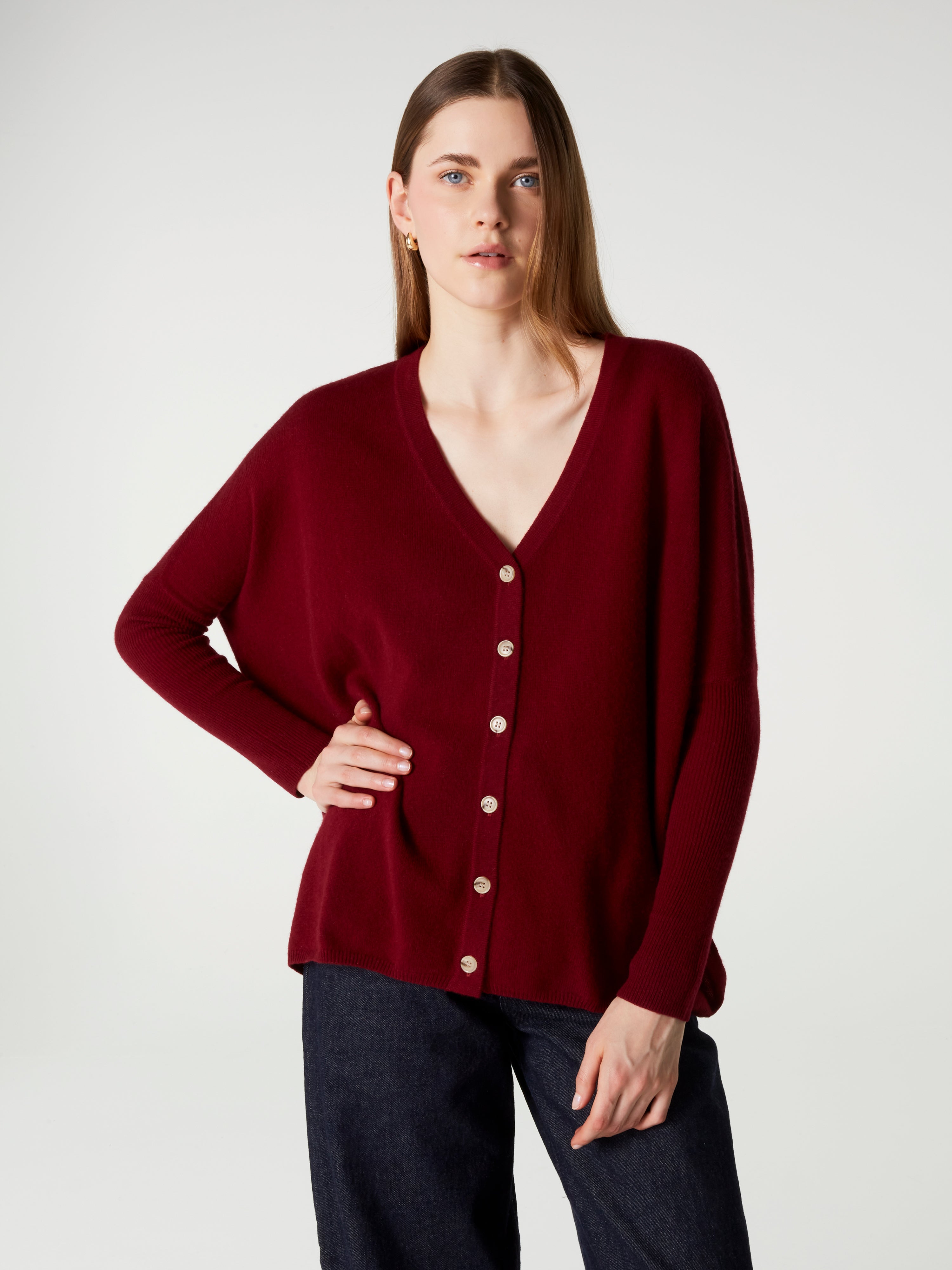 absolut-alison-damen-kaschmir-poncho-cardigan-v-ausschnitt-kirschrot image 2