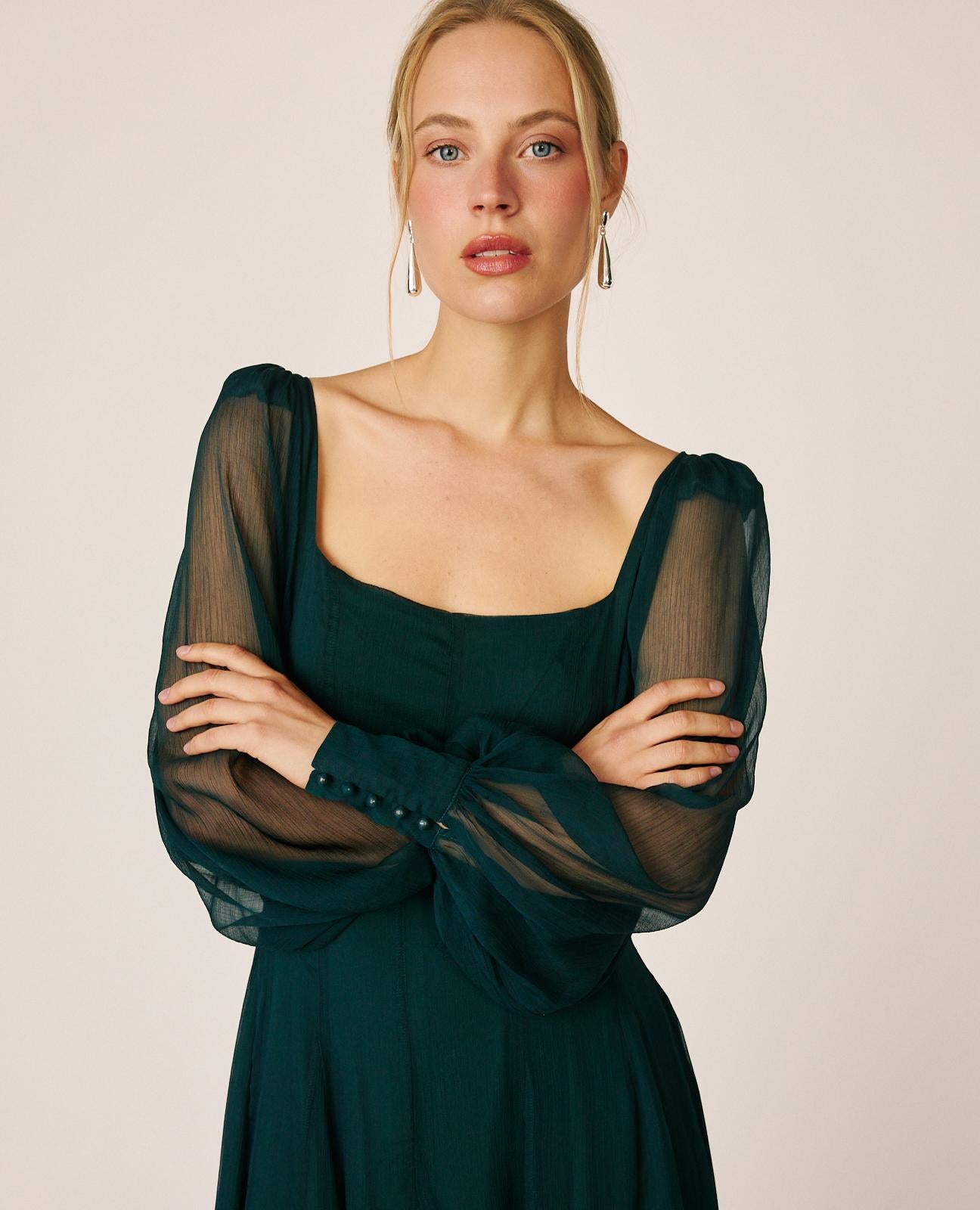 alma-en-pena-long-chiffon-kleid-gr-n-mit-puff-rmel image 4