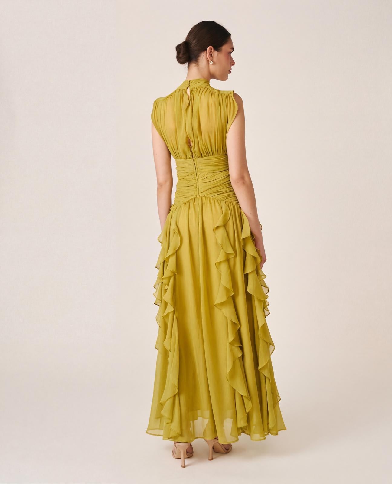 alma-en-pena-maxi-kleid-mit-r-schen-gr-n-hochgeschlossen image 5