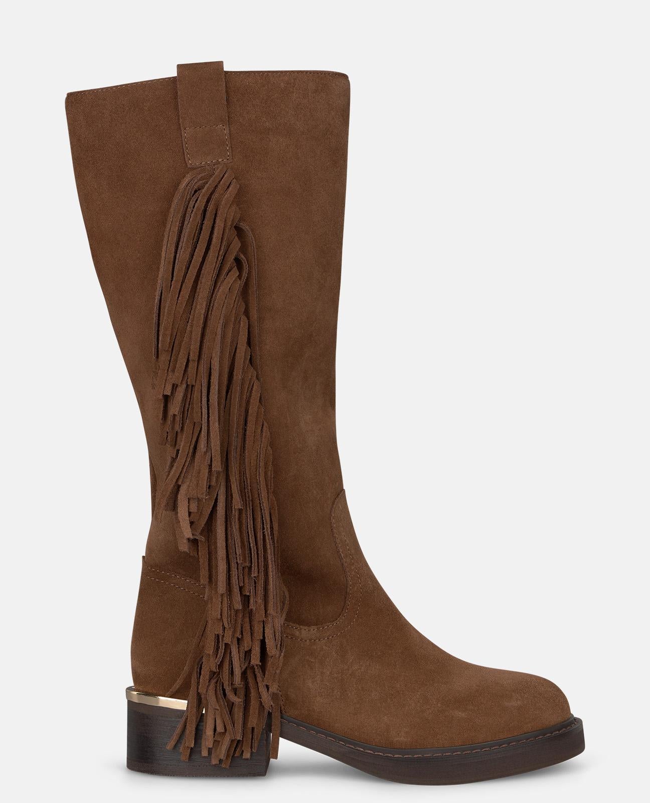 alma-en-pena-lederstiefel-mit-fransen-flache-stiefel-camel-4-cm image 1