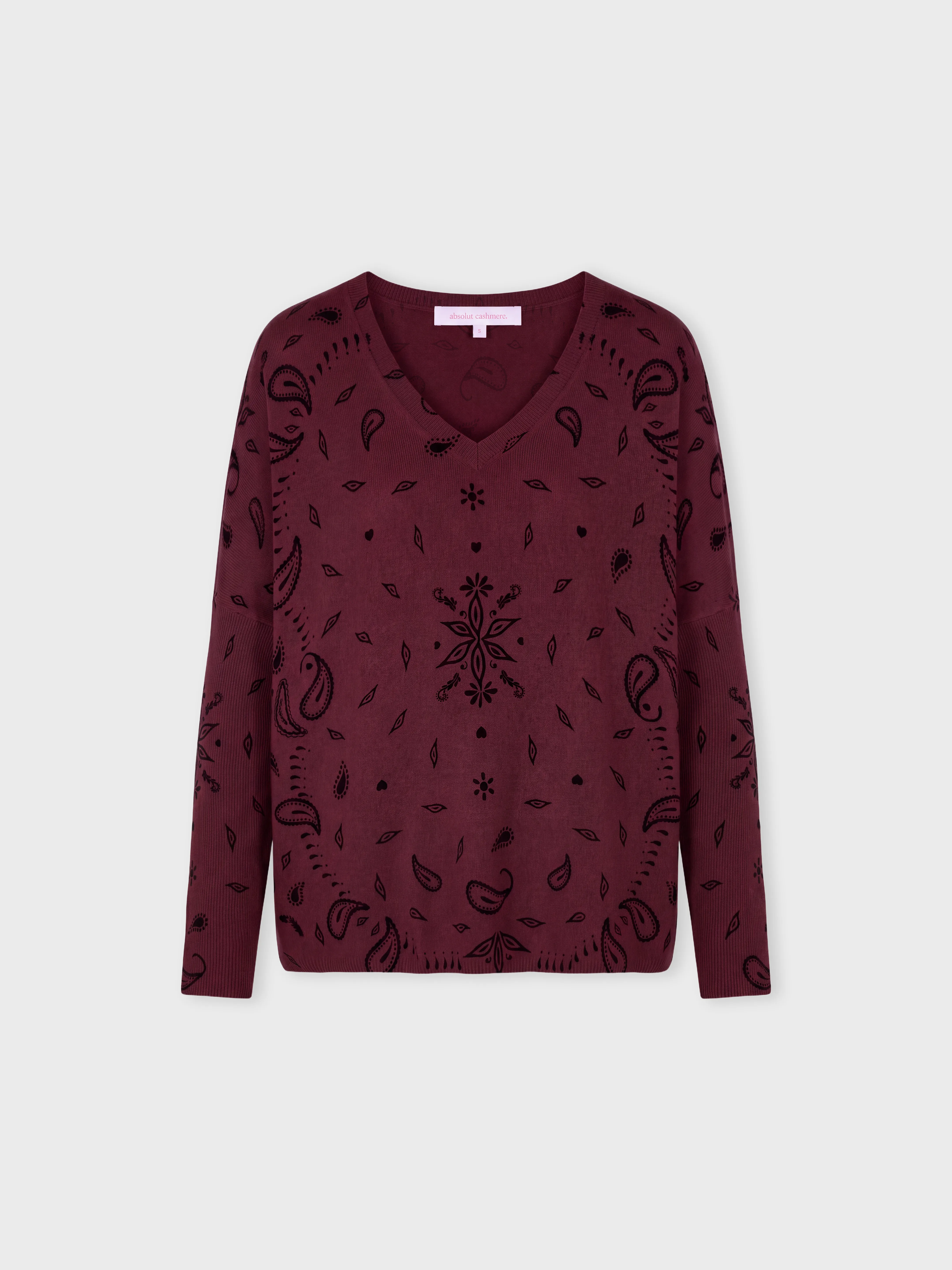 absolut-camille-damen-poncho-pullover-kaschmir-v-ausschnitt-bandana-print-burgun image 1