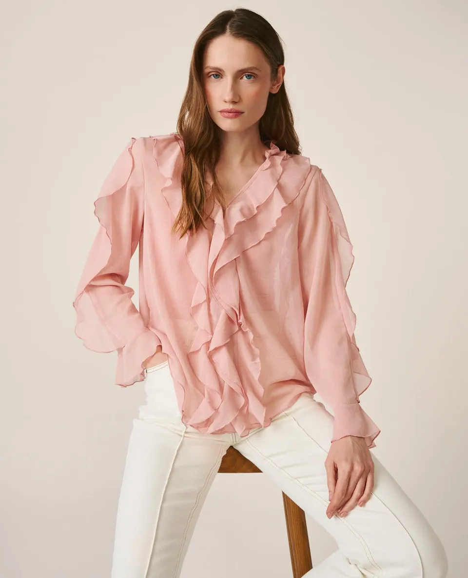 alma-en-pena-bluse-mit-r-schen-rosa-langarm-v-ausschnitt image 1