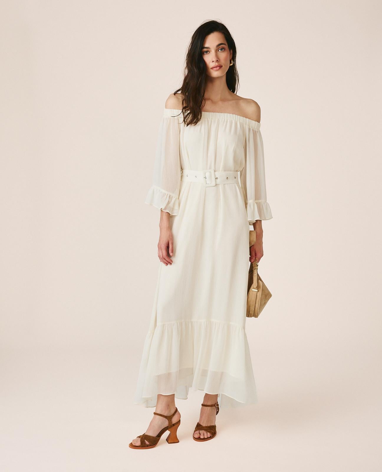 alma-en-pena-midi-kleid-mit-volant-rmeln-und-bardot-ausschnitt-in-wei image 2