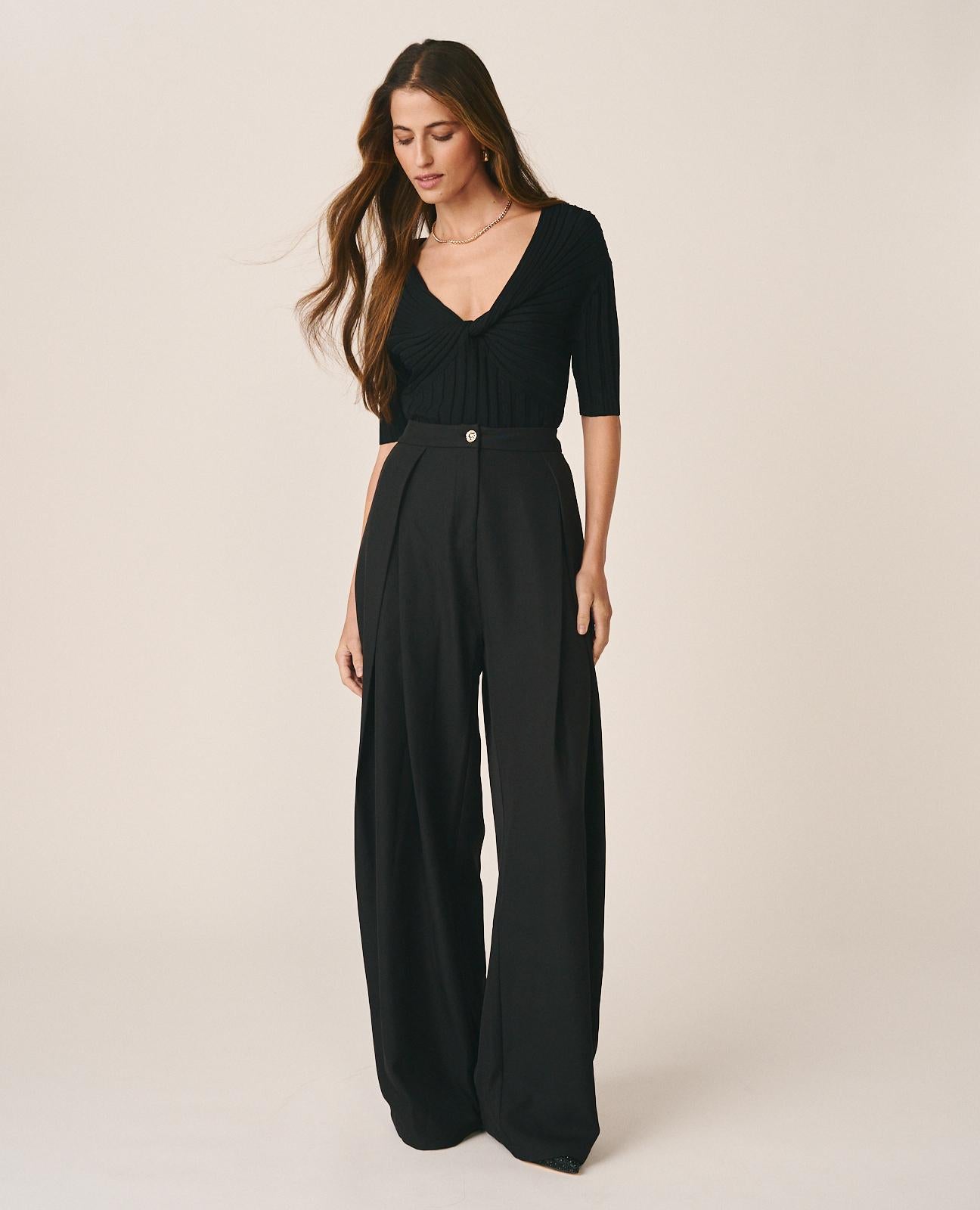 alma-en-pena-twill-hose-mit-b-gelfalten-schwarz-weites-bein image 4