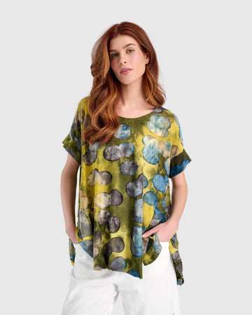 alembika-sun-soaked-trapeze-top-gold-ocean-dots-burnout-shirt image 3