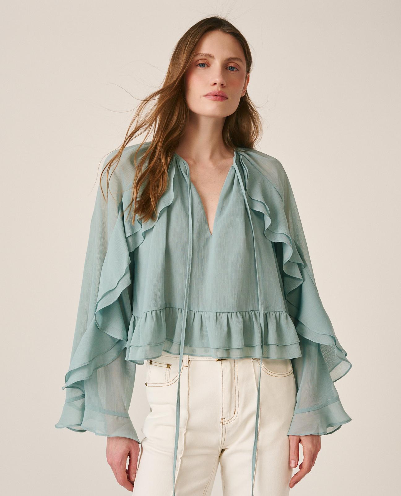 alma-en-pena-langarm-chiffon-bluse-mit-r-schen-rmeln-und-v-ausschnitt-jade image 2