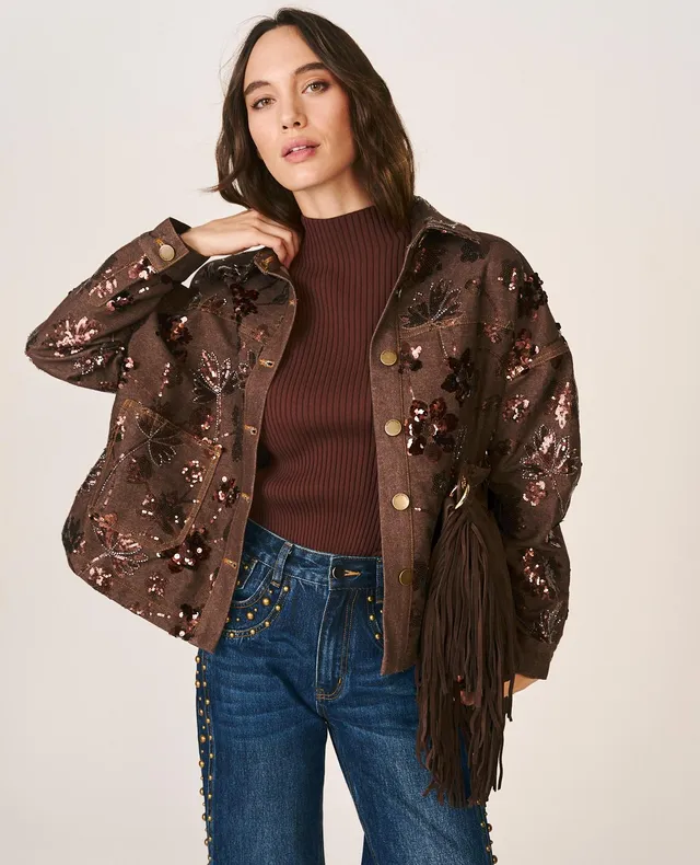 alma-en-pena-jeansjacke-aus-twill-mit-blumenstickerei-braun-perlen-und-paillette image 1