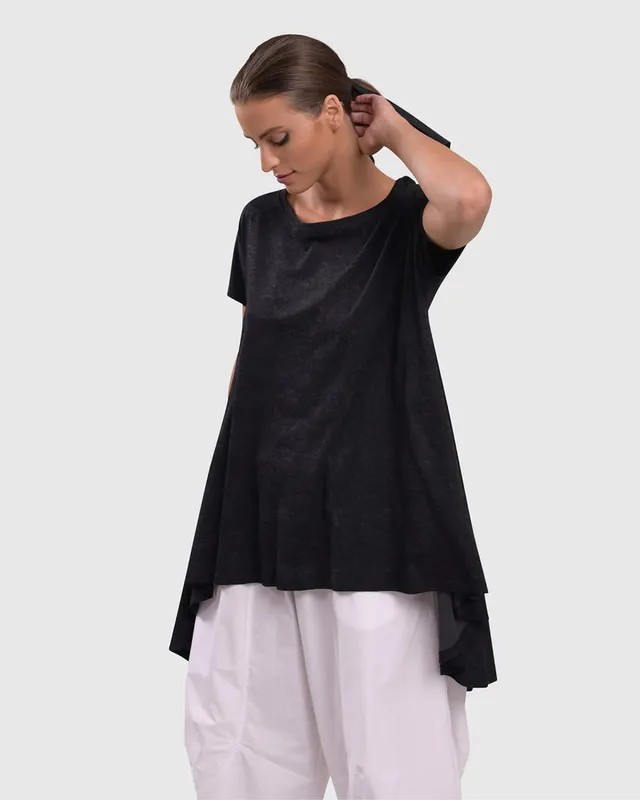 alembika-urban-hi-lo-top-damen-schwarz-meliert-kurzarm image 1
