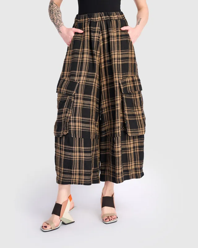 alembika-linen-wide-cargo-pants-sepia-plaid-leinen image 1