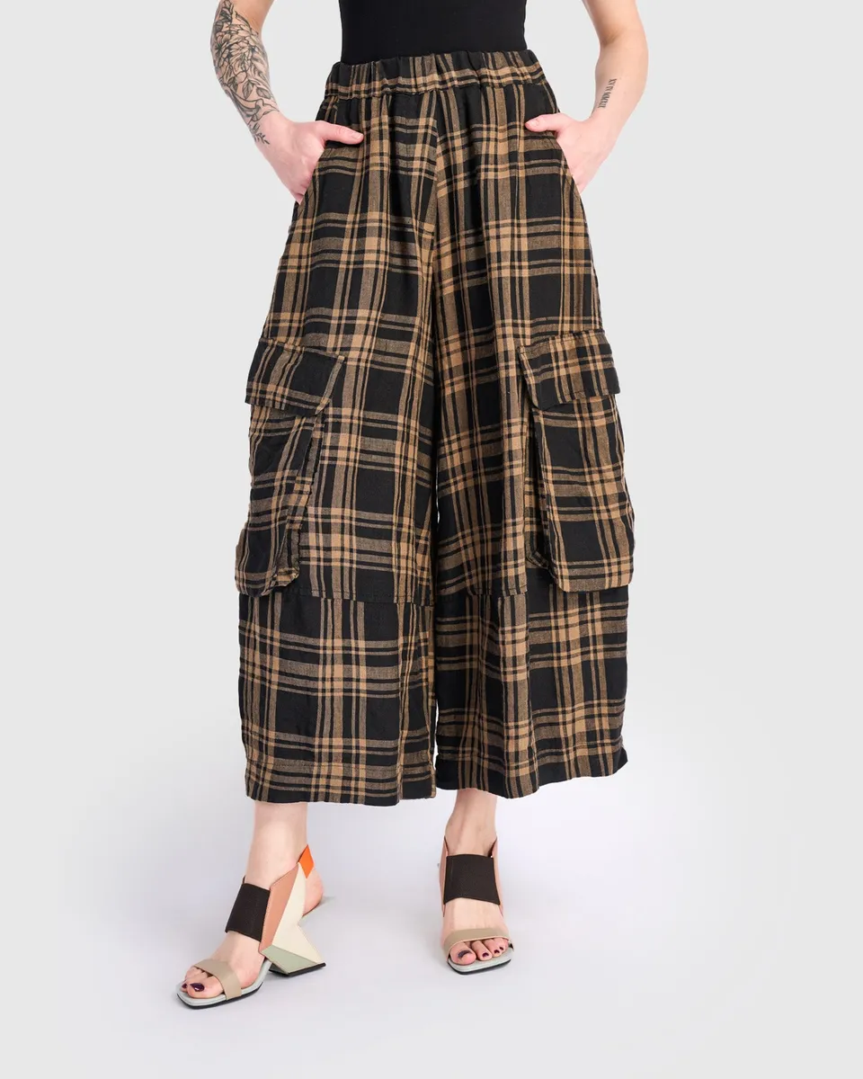 alembika-linen-wide-cargo-pants-sepia-plaid-leinen image 1