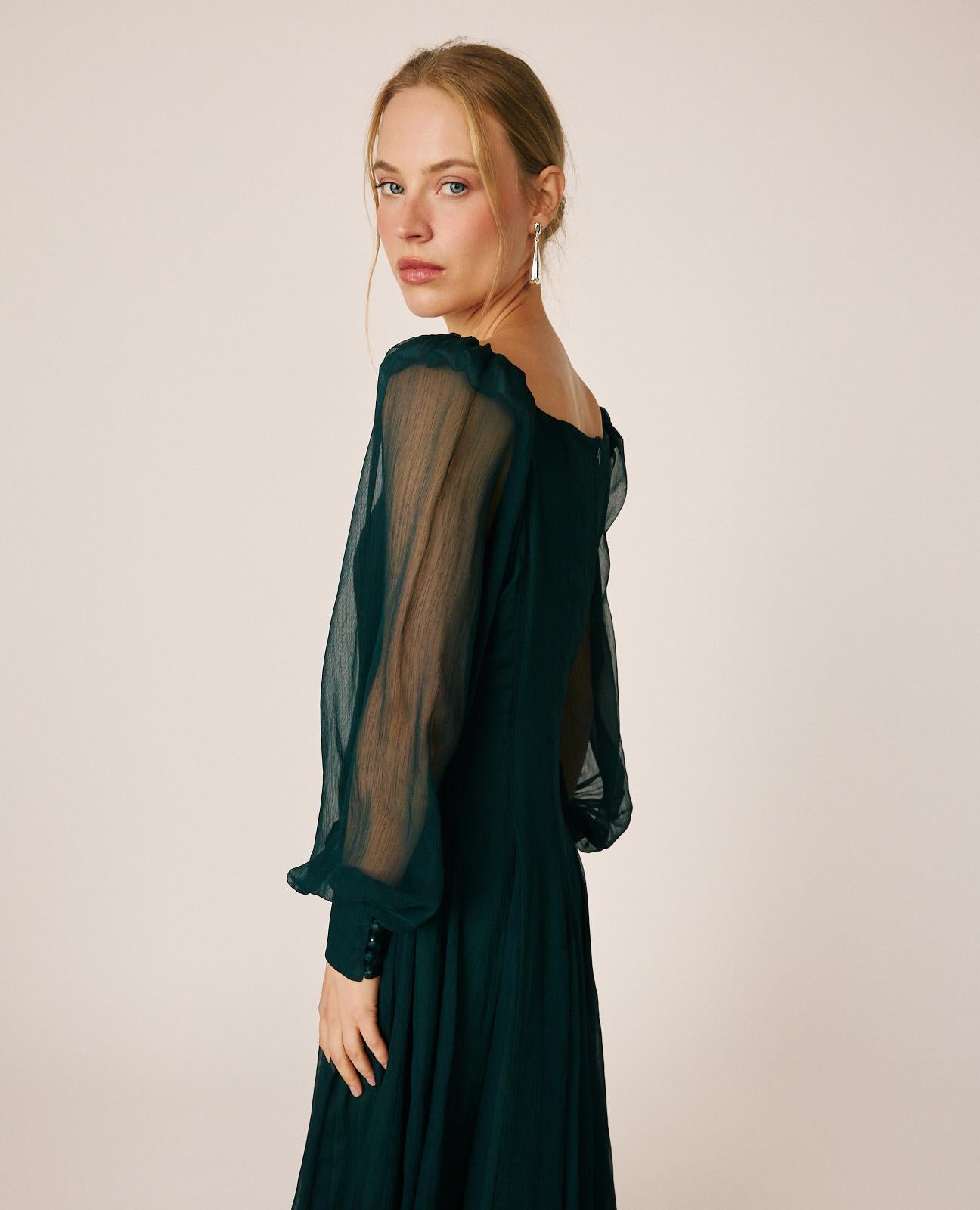 alma-en-pena-long-chiffon-kleid-gr-n-mit-puff-rmel image 5