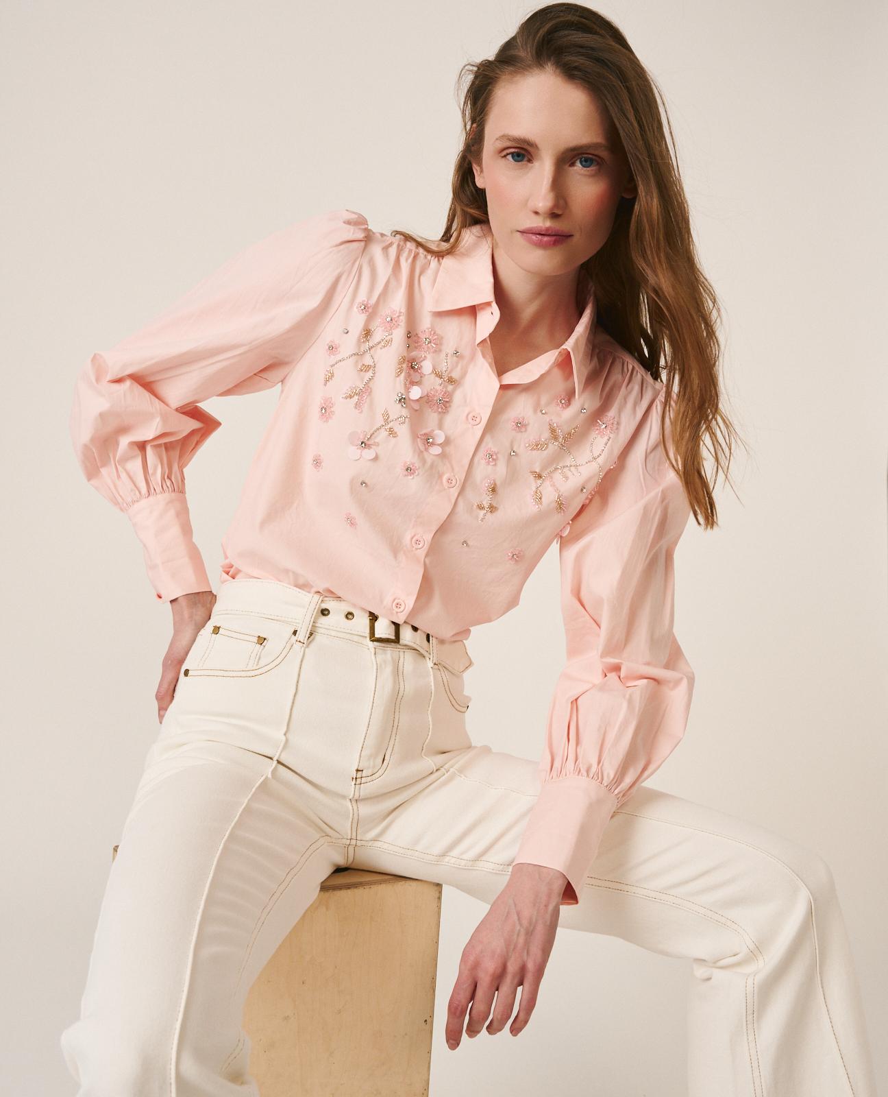 alma-en-pena-bluse-rosa-mit-strass-blumen-langarm-baumwoll-poplin-hemd image 5