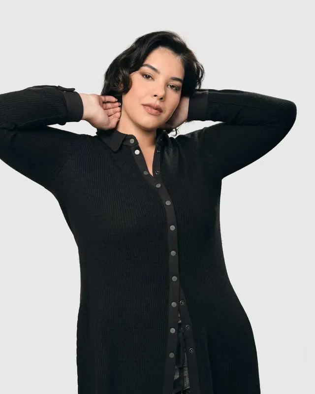 alembika-urban-ribbed-snap-front-tunika-top-schwarz image 1