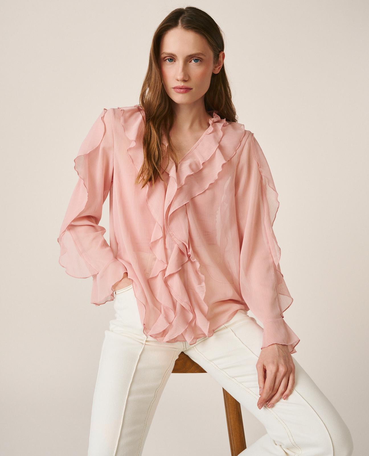 alma-en-pena-bluse-mit-r-schen-rosa-langarm-v-ausschnitt image 1