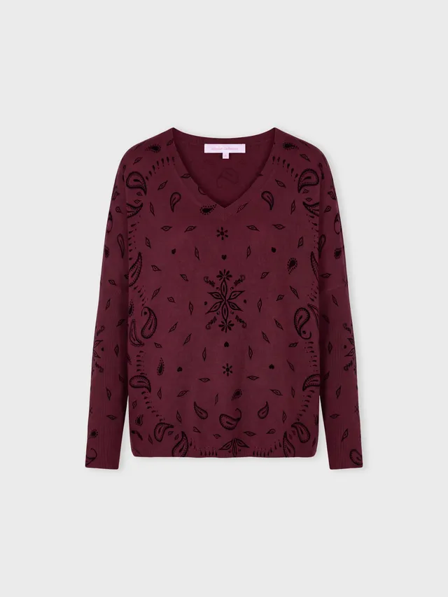 absolut-camille-damen-poncho-pullover-kaschmir-v-ausschnitt-bandana-print-burgun image 1