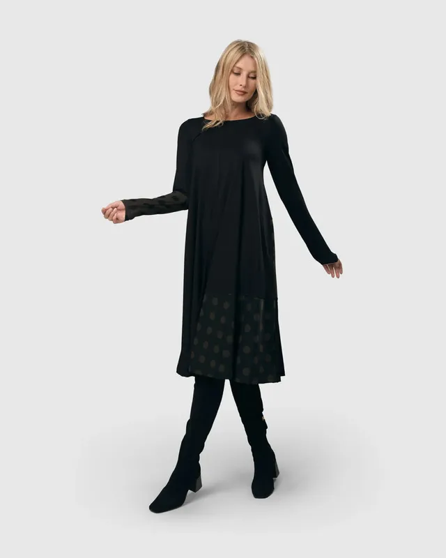 alembika-tekbika-dot-trapeze-dress-black-khaki-midikleid image 1