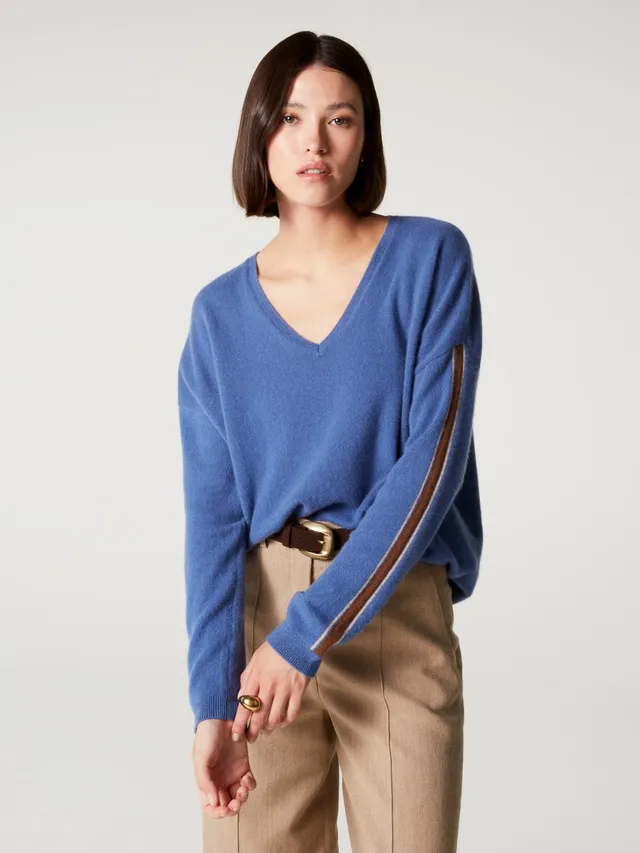 absolut-alexia-damen-pullover-kaschmir-v-ausschnitt-oversize-blau-beige image 1