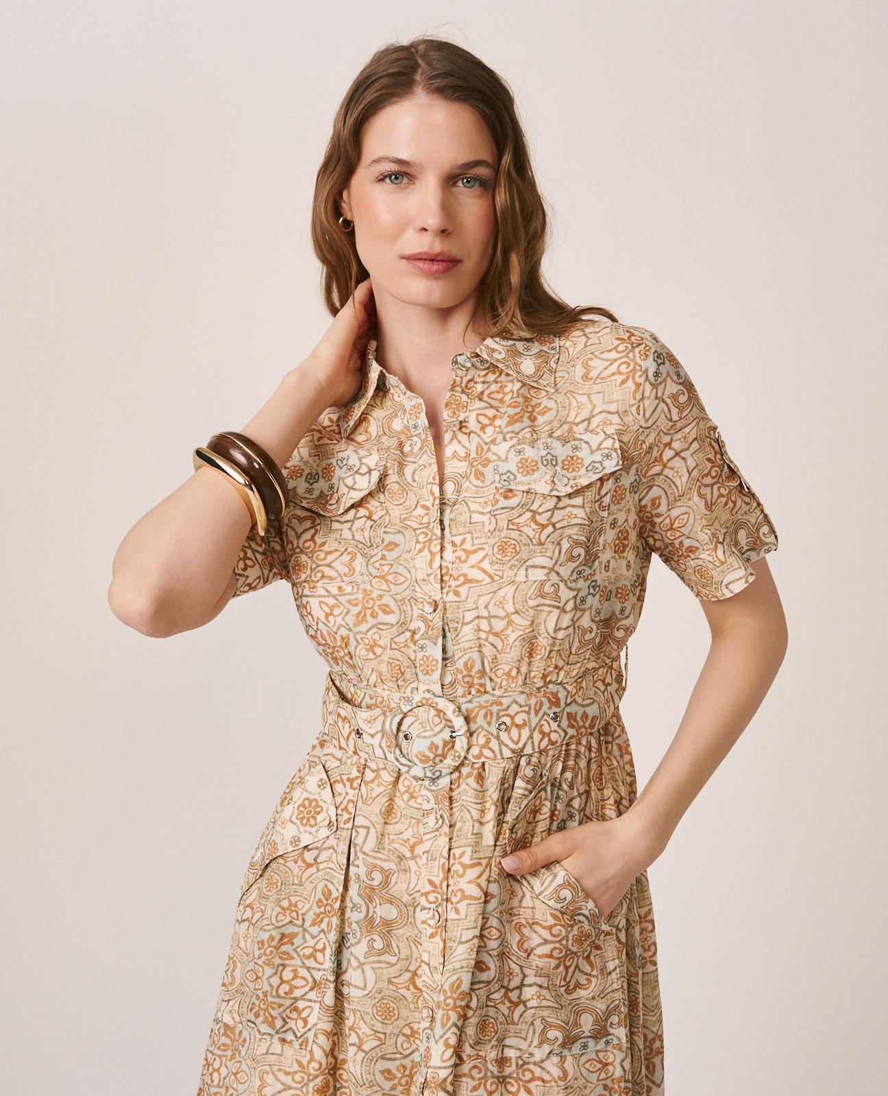 alma-en-pena-mosaik-midi-kleid-kurzarm-hemdkragen-braun image 6