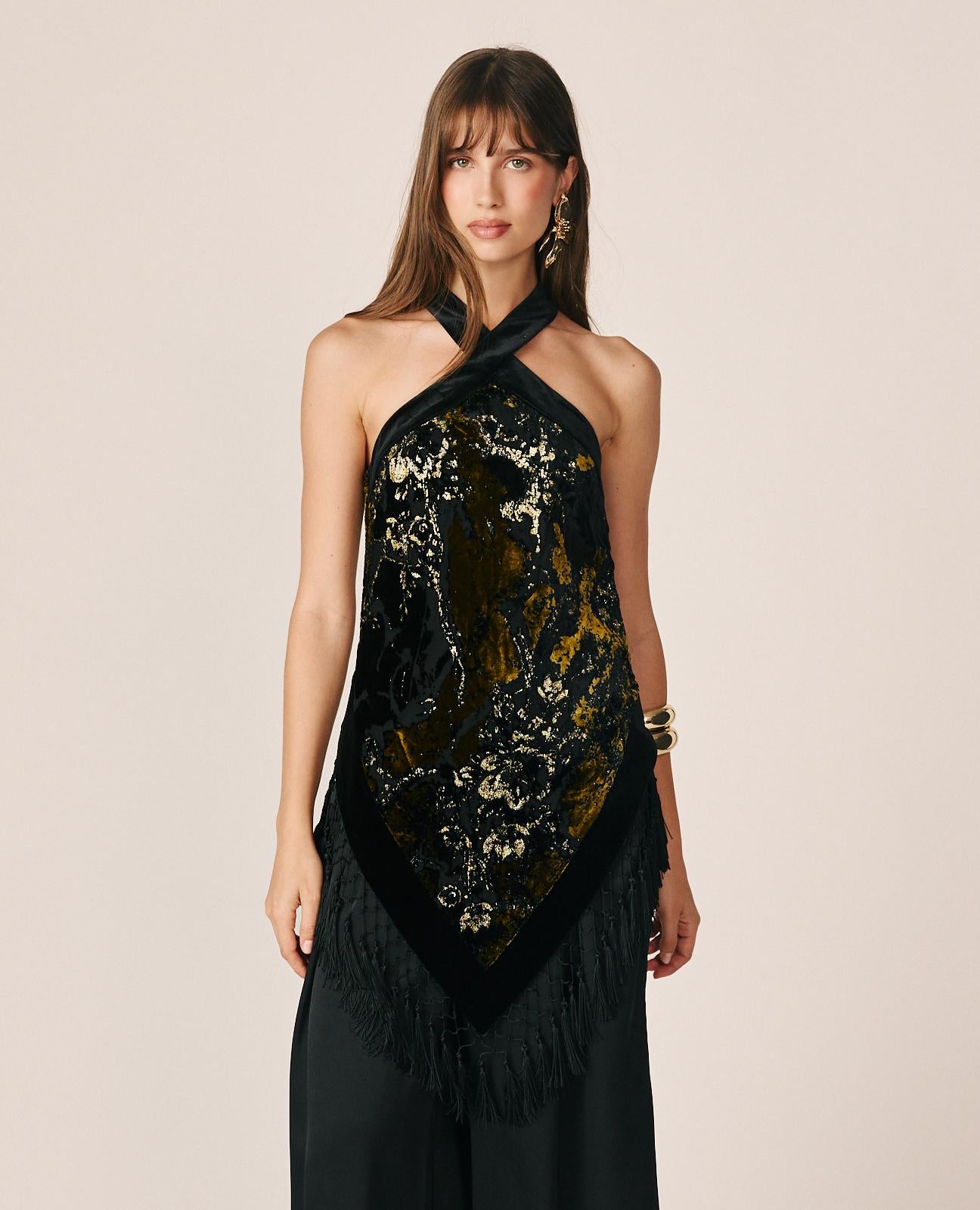 alma-en-pena-abstract-printed-halter-top-schwarz-devor-samt-top-mit-quasten image 2
