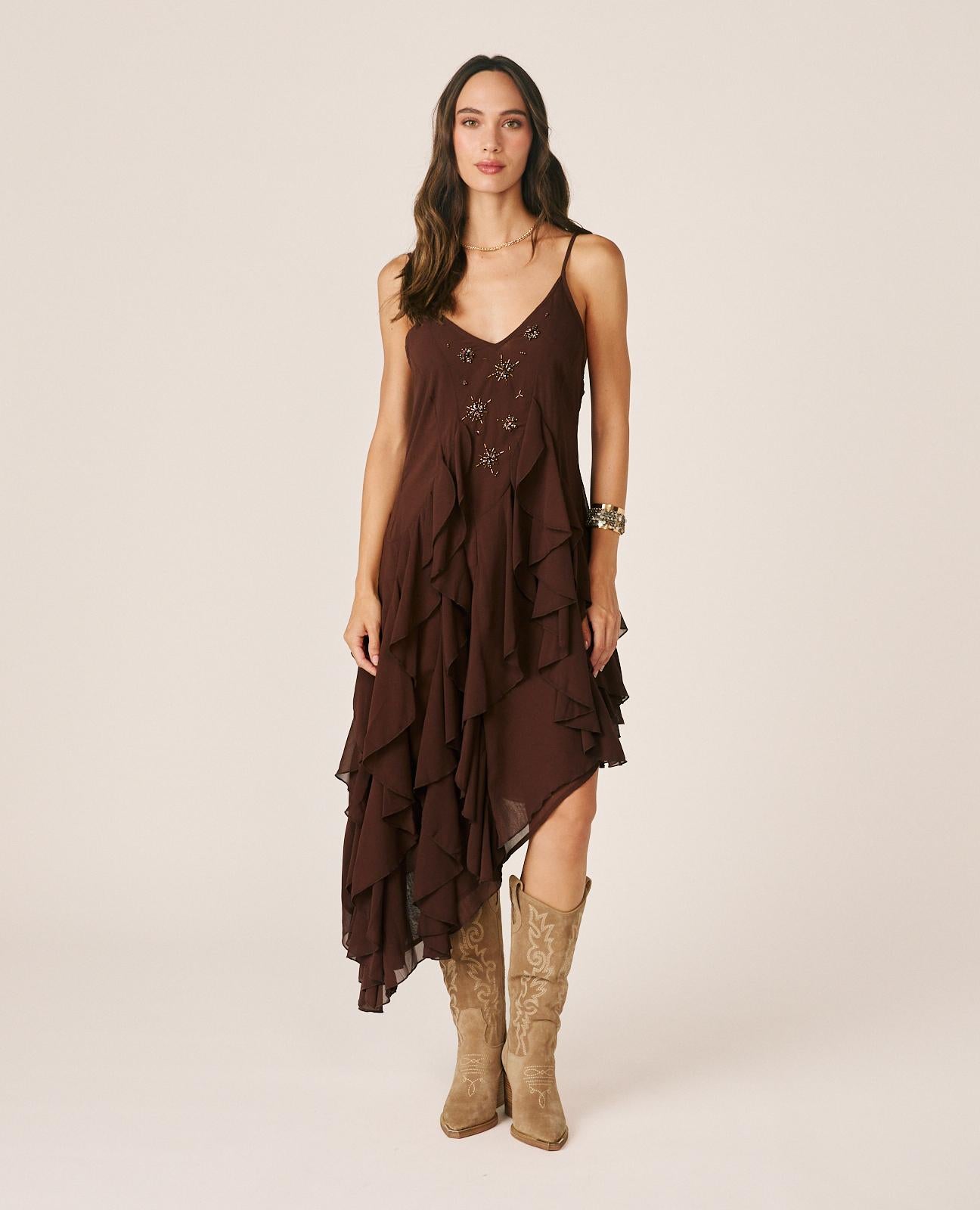 alma-en-pena-alfa-64463-midi-kleid-mit-r-schen-v-ausschnitt-braun image 4