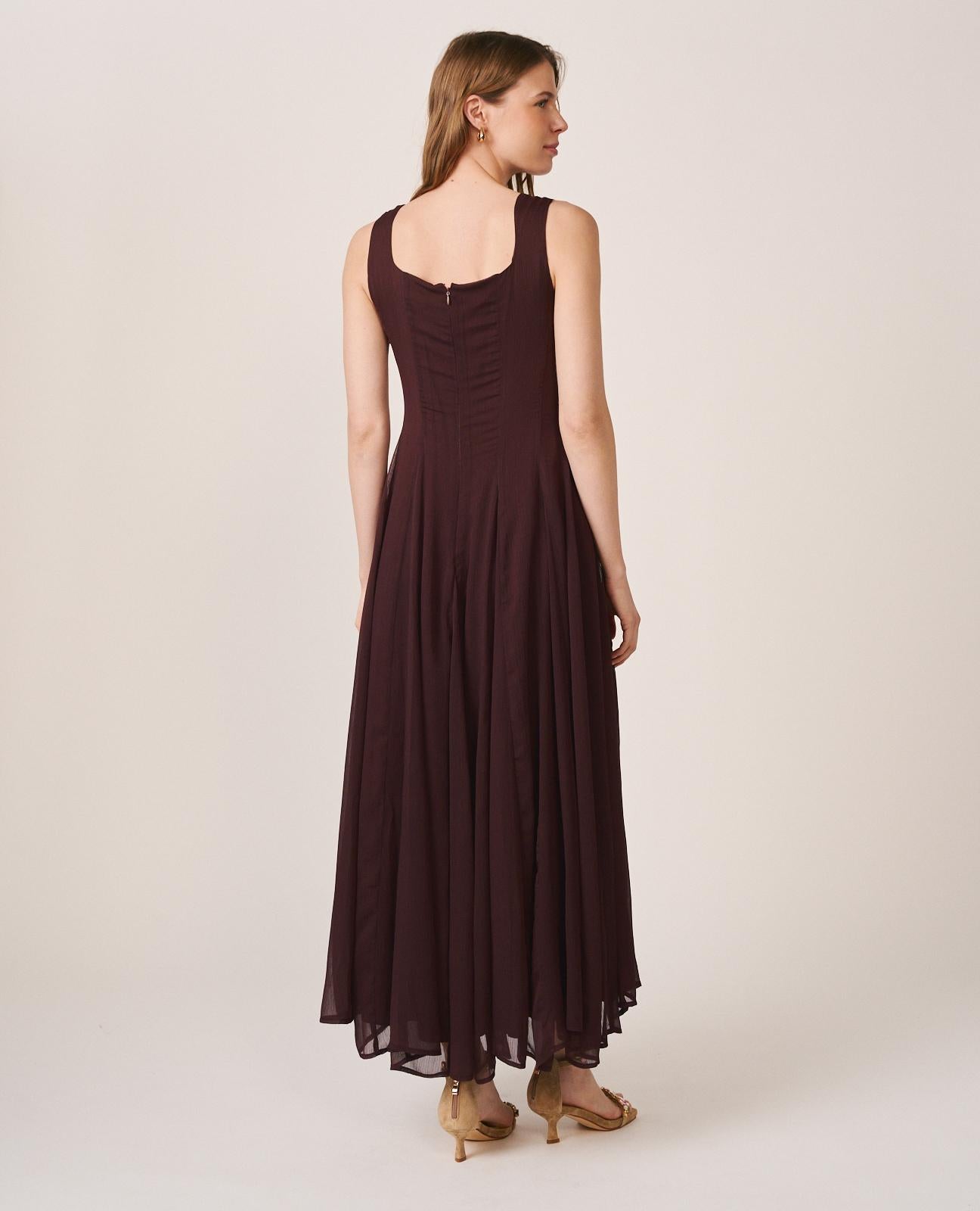 alma-en-pena-midi-chiffonkleid-mit-glockenrock-braun-langes-kleid image 8