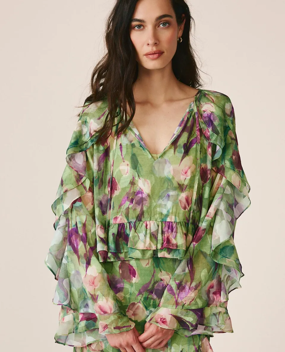 alma-en-pena-ruffle-sleeve-bluse-chiffon-bluse-mit-r-schen-v-ausschnitt-gr-n image 1
