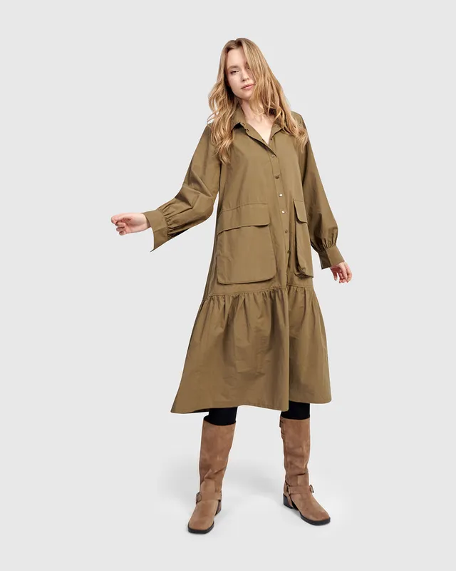 alembika-urban-legion-baumwoll-hemdblusenkleid-khaki-midi image 1