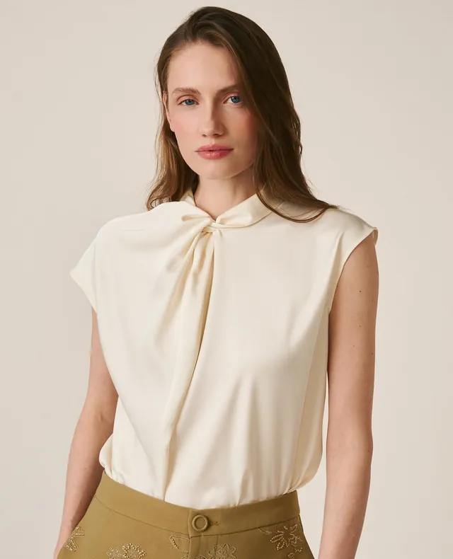 alma-en-pena-satin-plain-blouse-wei-e-rmellose-satin-bluse-mit-drap-ausschnitt image 1