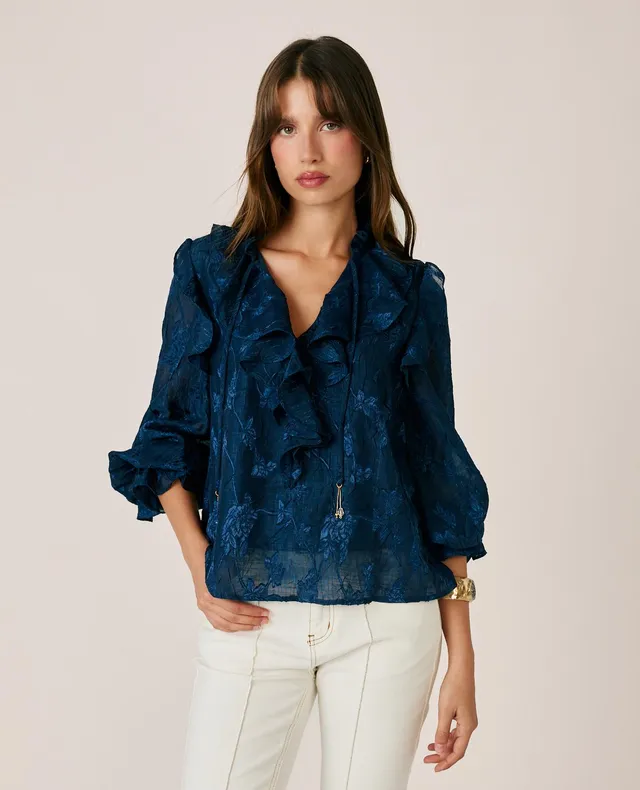 alma-en-pena-jacquard-bluse-mit-floraler-stickerei-langarm-bluse-in-blau image 1