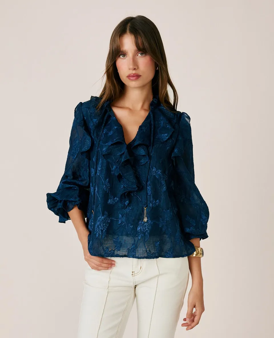 alma-en-pena-jacquard-bluse-mit-floraler-stickerei-langarm-bluse-in-blau image 1