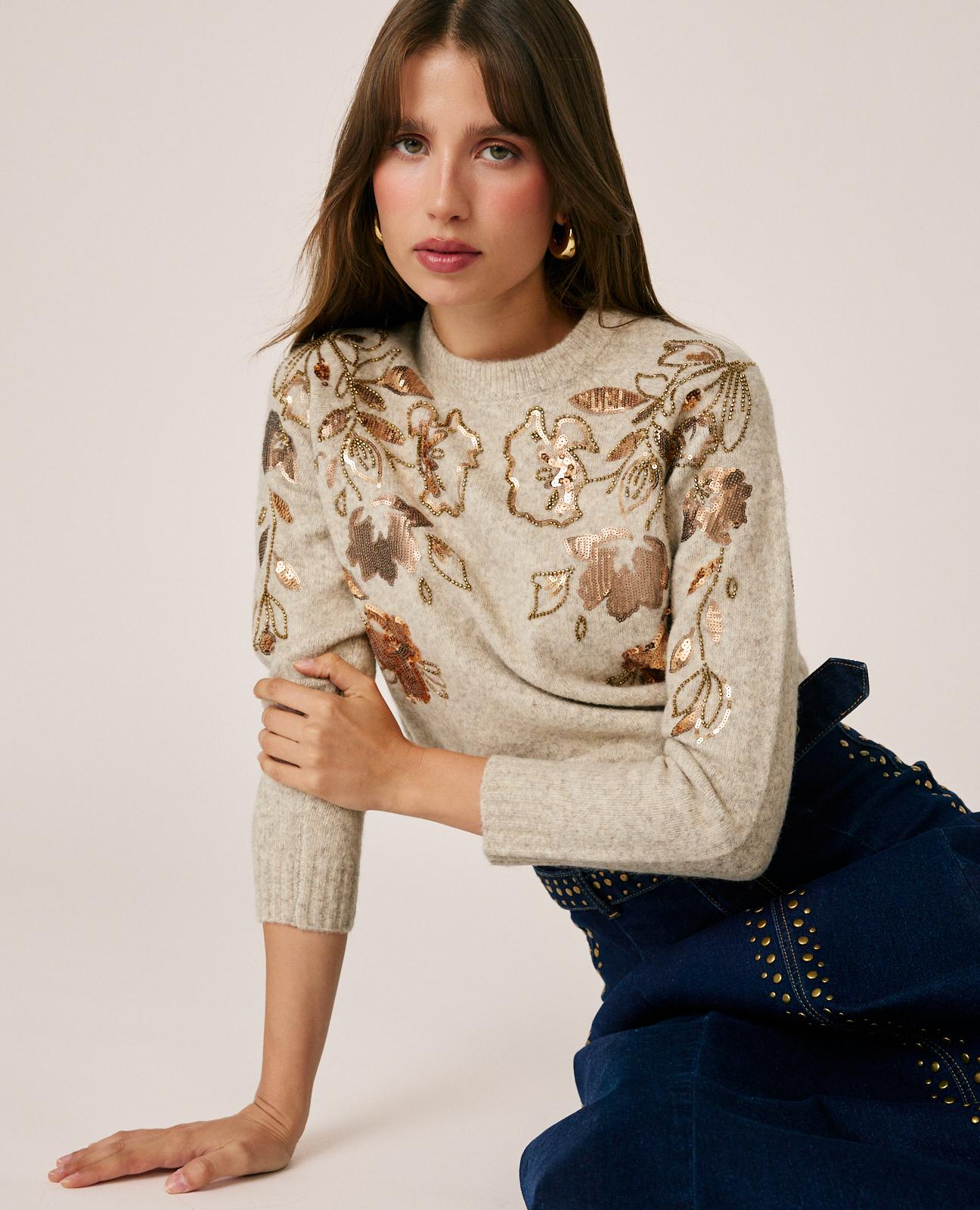 alma-en-pena-strickpullover-mit-blumenstickerei-beige-pailletten image 1