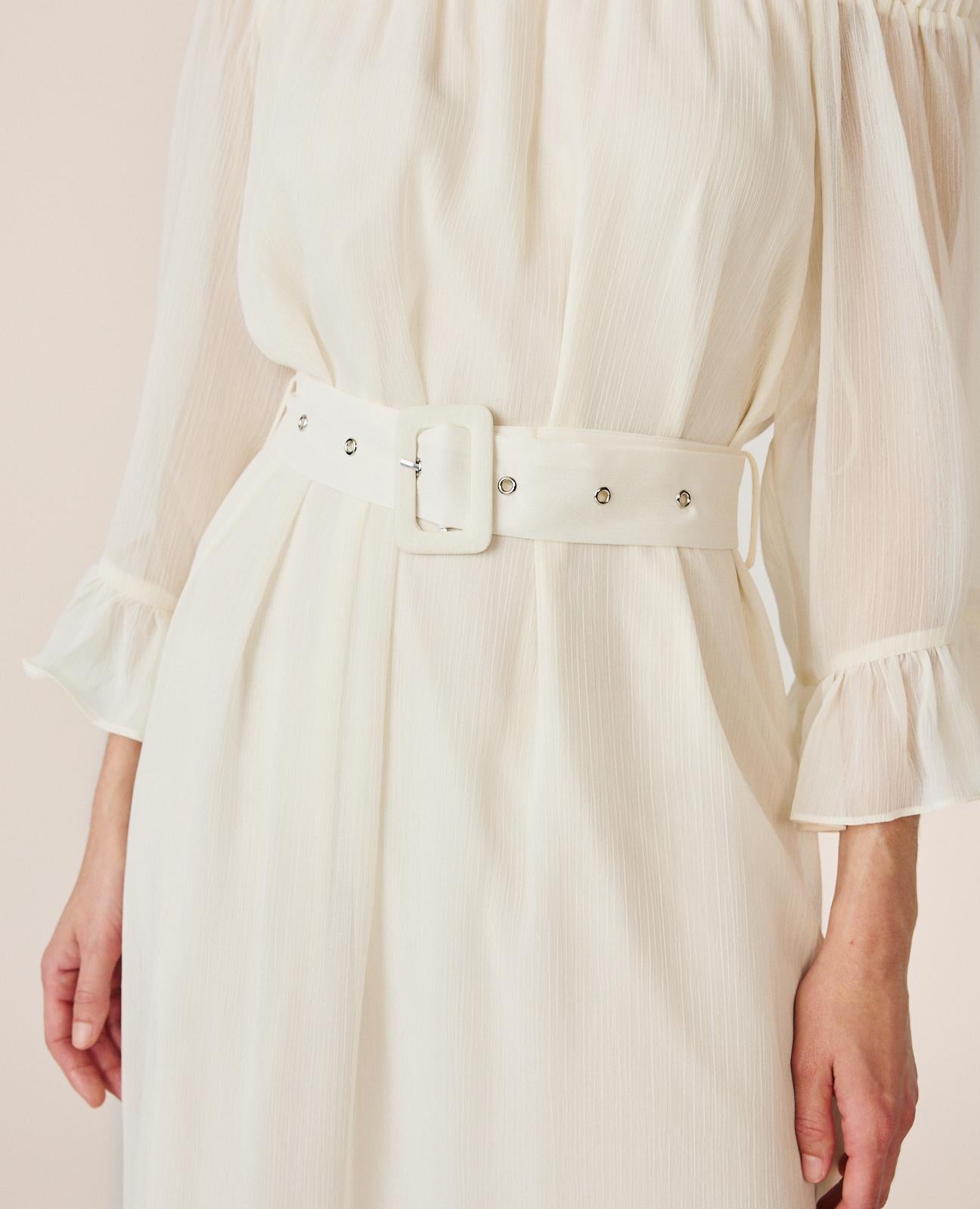 alma-en-pena-midi-kleid-mit-volant-rmeln-und-bardot-ausschnitt-in-wei image 6