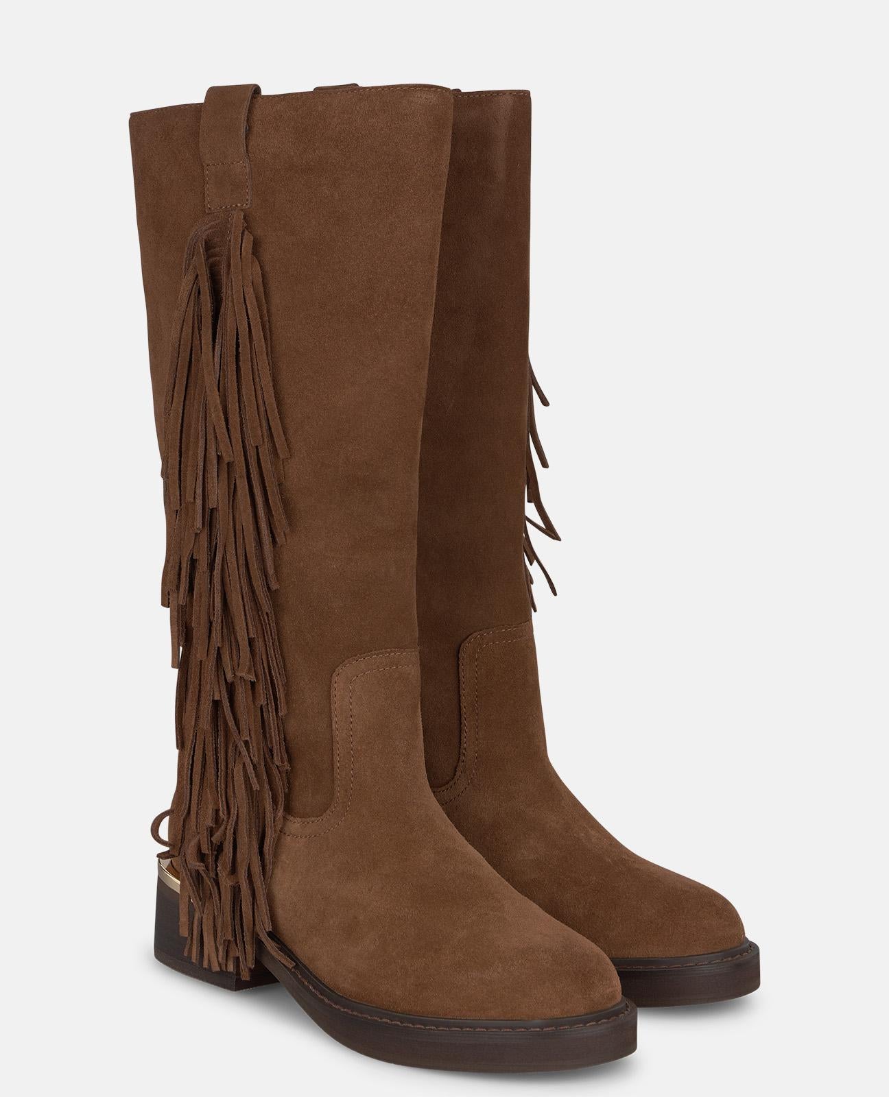 alma-en-pena-lederstiefel-mit-fransen-flache-stiefel-camel-4-cm image 2