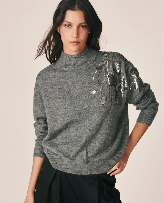 alma-en-pena-rollkragenpullover-grau-mit-pailletten-stickerei image 1
