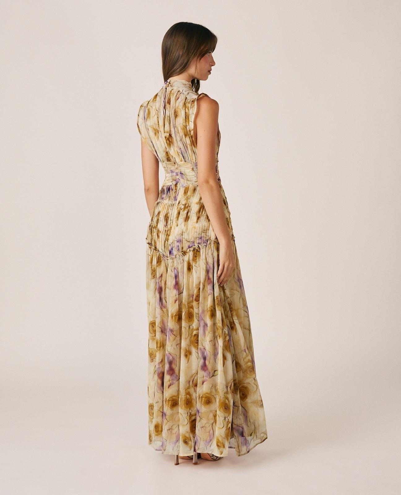 alma-en-pena-langes-chiffonkleid-senf-aquarell-blumen-rmellos image 6