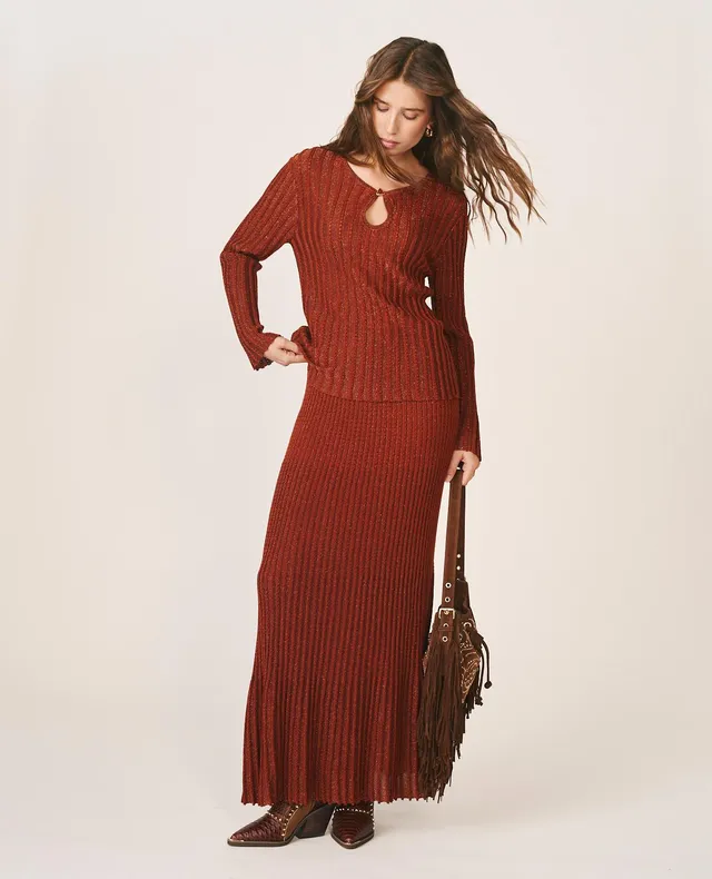alma-en-pena-long-ribbed-skirt-braun-rippstrick-mit-glanz image 1