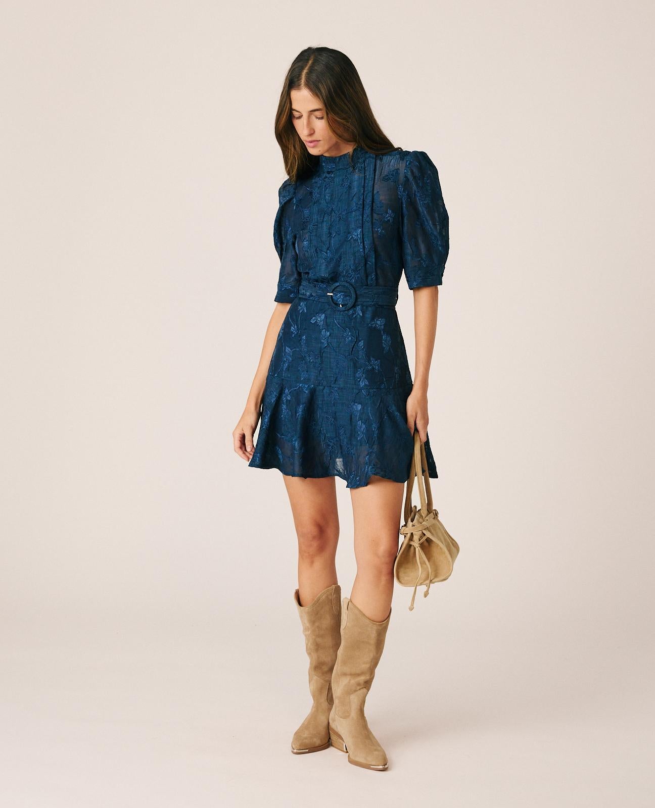 alma-en-pena-floral-jacquard-mini-dress-minikleid-blau-puff-rmel-stoffg-rtel image 2