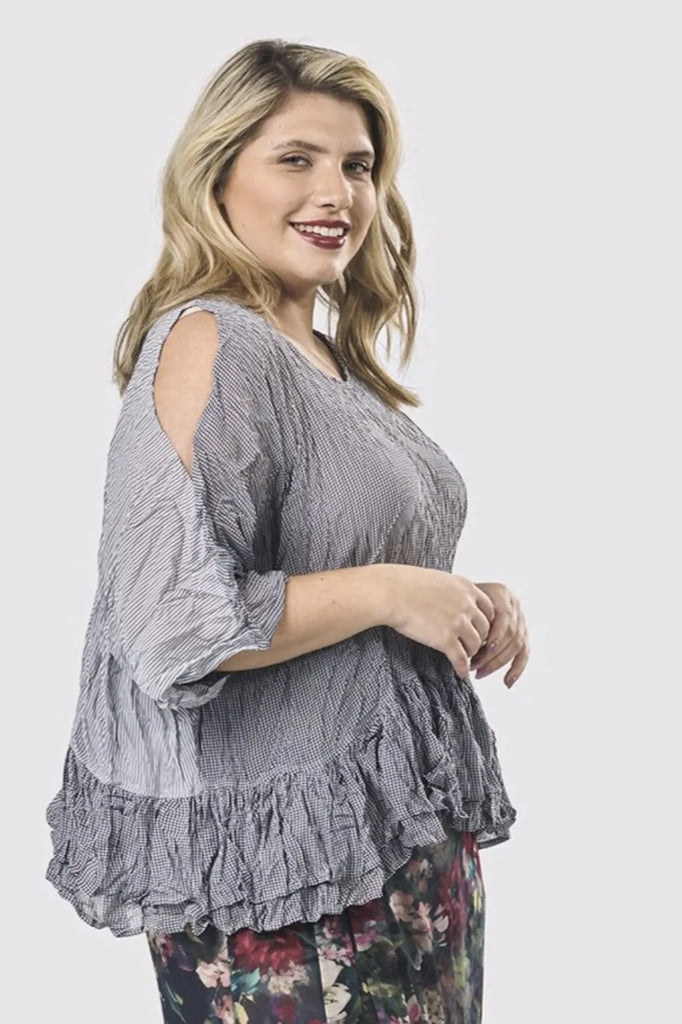 alembika-rhys-ruffled-blouse-gingham-cold-shoulder-bluse image 1