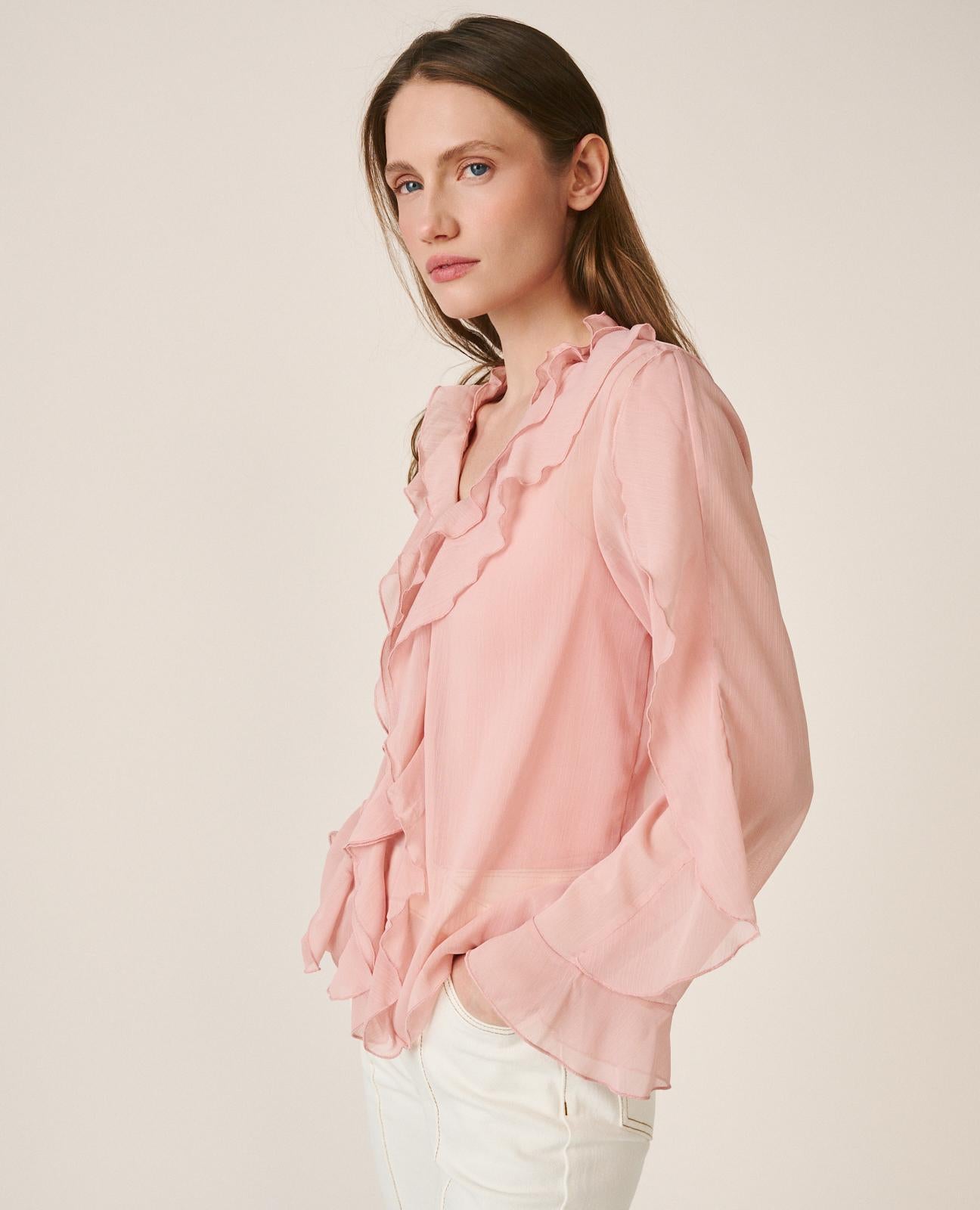 alma-en-pena-bluse-mit-r-schen-rosa-langarm-v-ausschnitt image 3