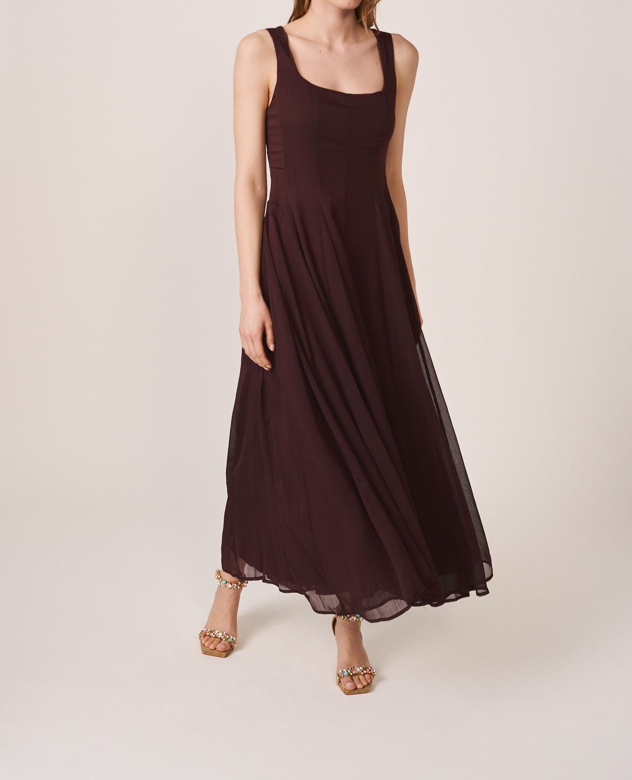 alma-en-pena-midi-chiffonkleid-mit-glockenrock-braun-langes-kleid image 6