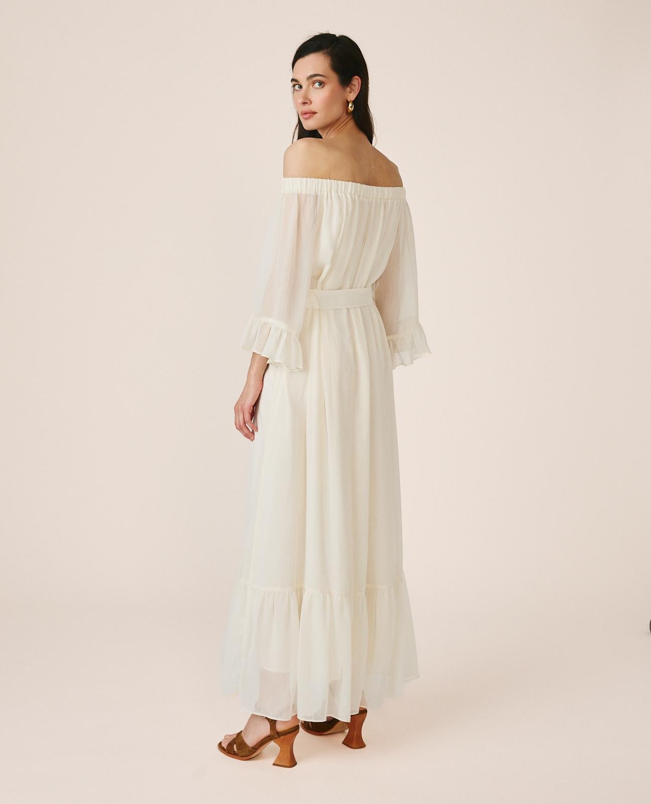 alma-en-pena-midi-kleid-mit-volant-rmeln-und-bardot-ausschnitt-in-wei image 8