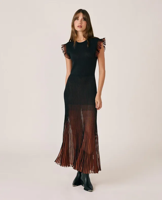 alma-en-pena-ribbed-midi-kleid-schwarz-mit-fransen-figurbetont image 1