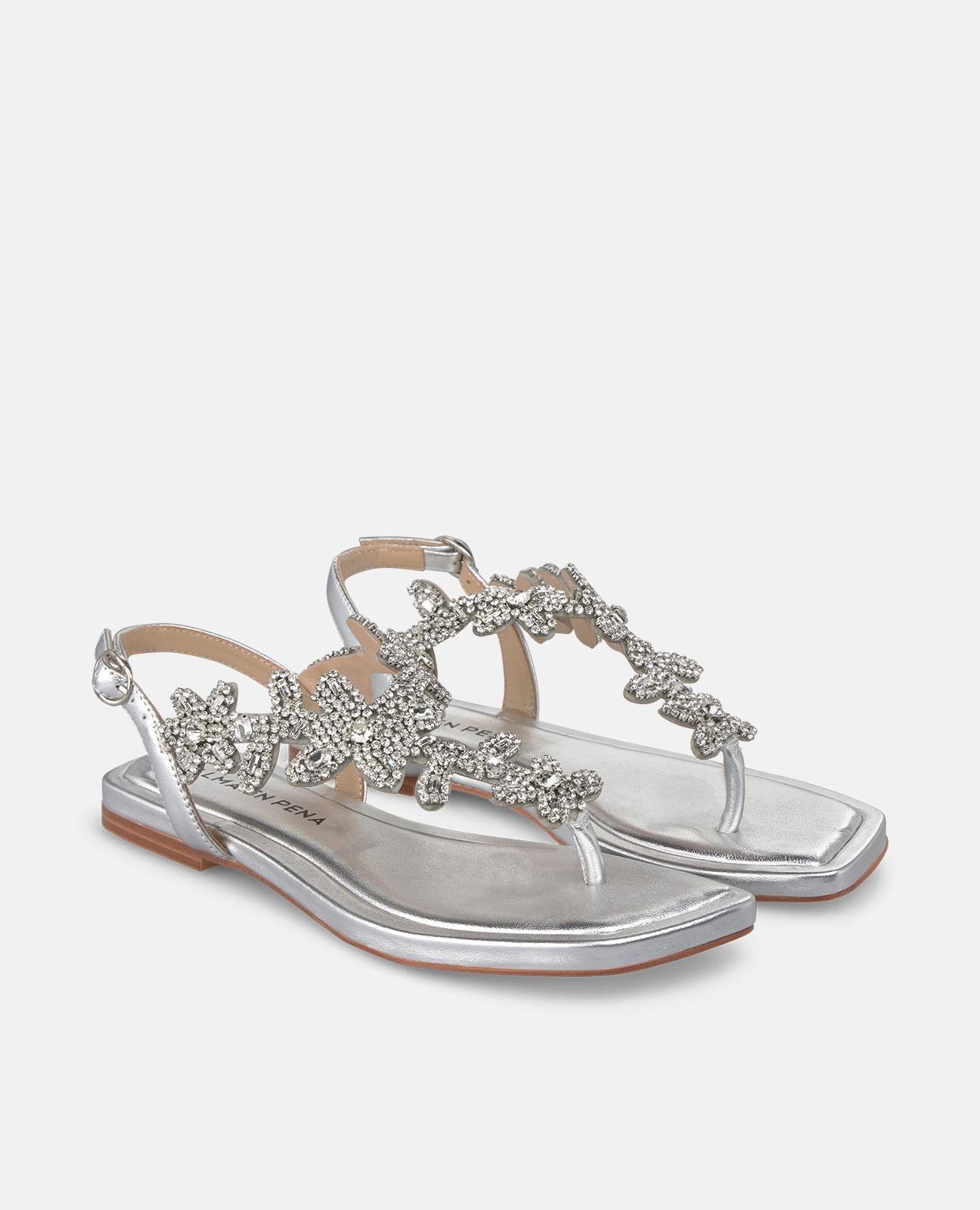 alma-en-pena-flache-sandale-silber-mit-strass-blumen-eckige-kappe-1-cm image 2