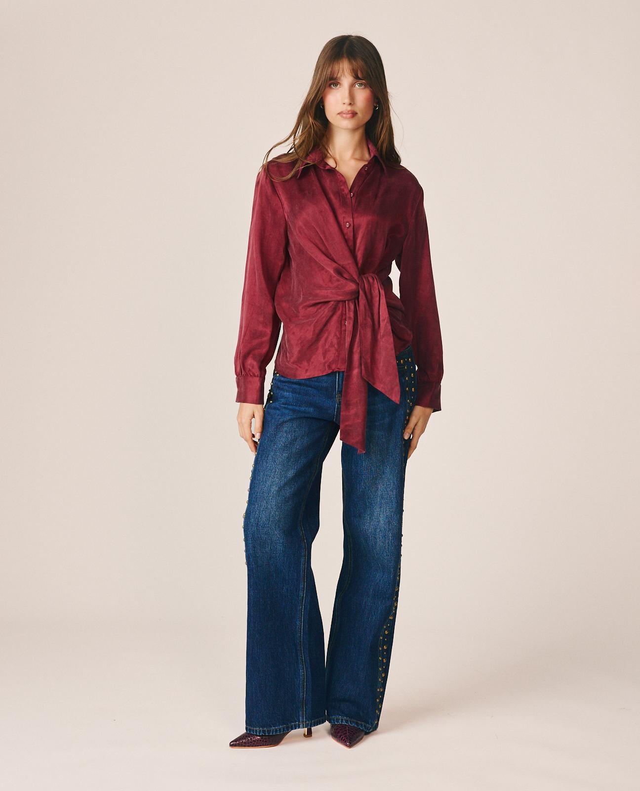 alma-en-pena-satin-shirt-style-bluse-bordeaux-lyocell image 2