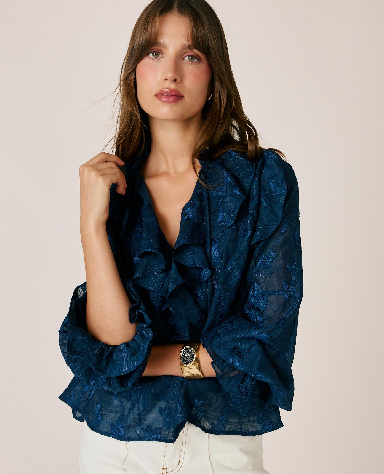 alma-en-pena-jacquard-bluse-mit-floraler-stickerei-langarm-bluse-in-blau image 3