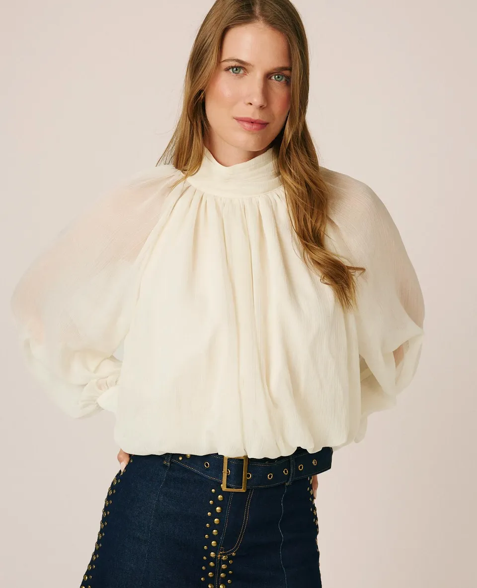 alma-en-pena-chiffon-bluse-mit-drapierung-wei-e-bluse-mit-puff-rmeln image 1