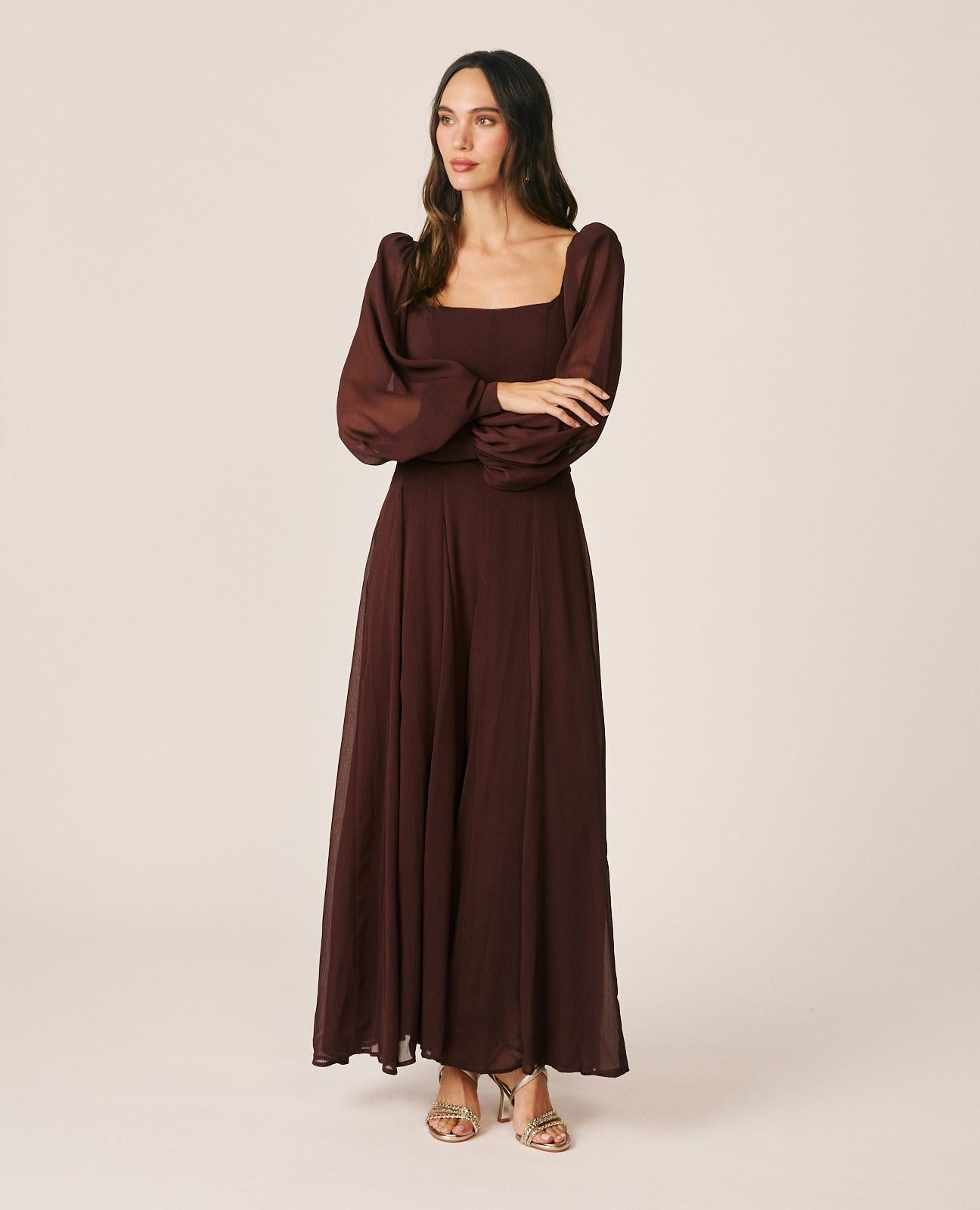 alma-en-pena-langes-chiffonkleid-braun-mit-puff-rmeln image 3