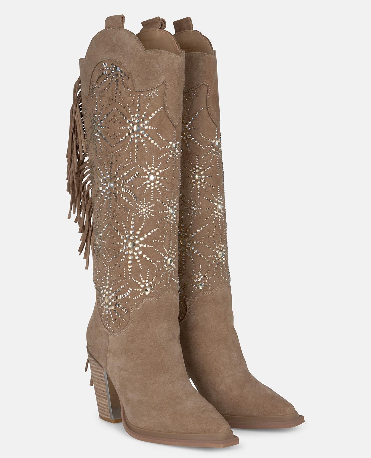 alma-en-pena-stiefel-mit-strass-und-fransen-9-5-cm-keilabsatz-vison image 3