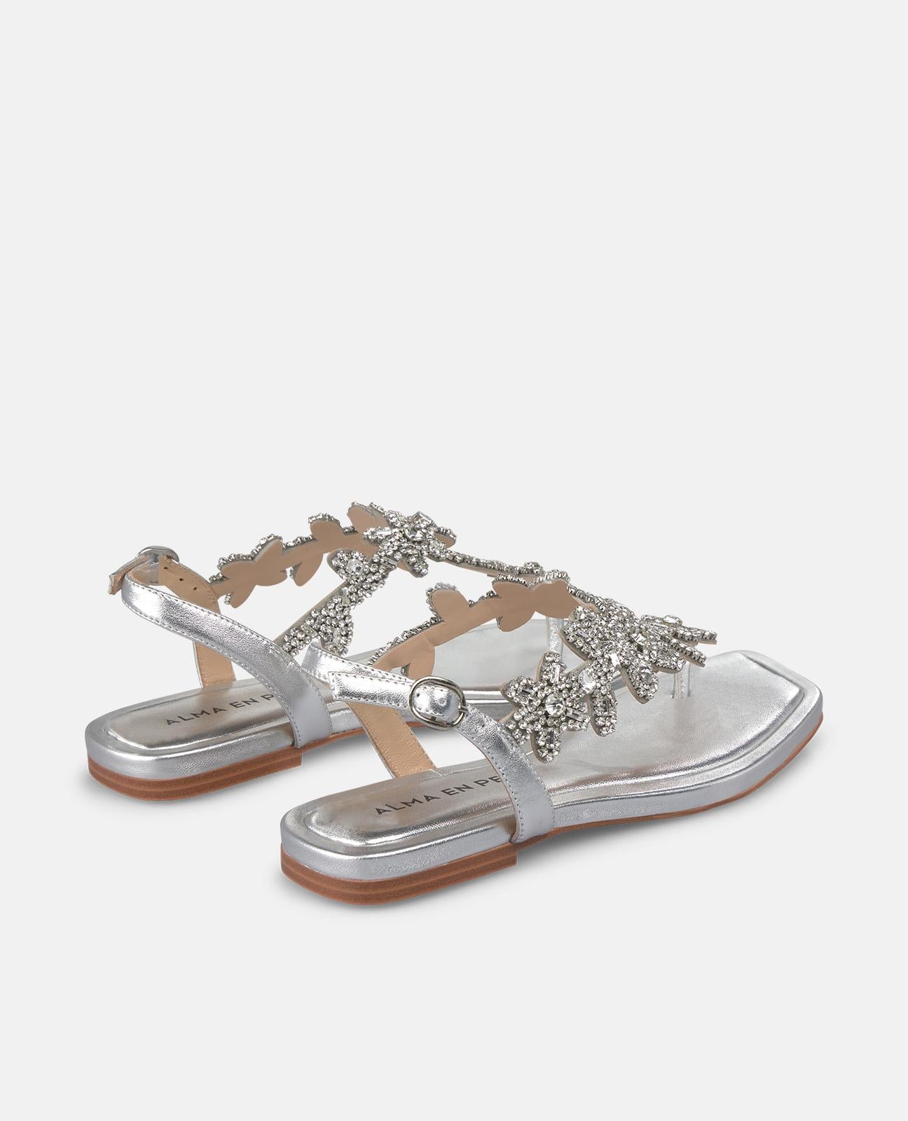 alma-en-pena-flache-sandale-silber-mit-strass-blumen-eckige-kappe-1-cm image 3